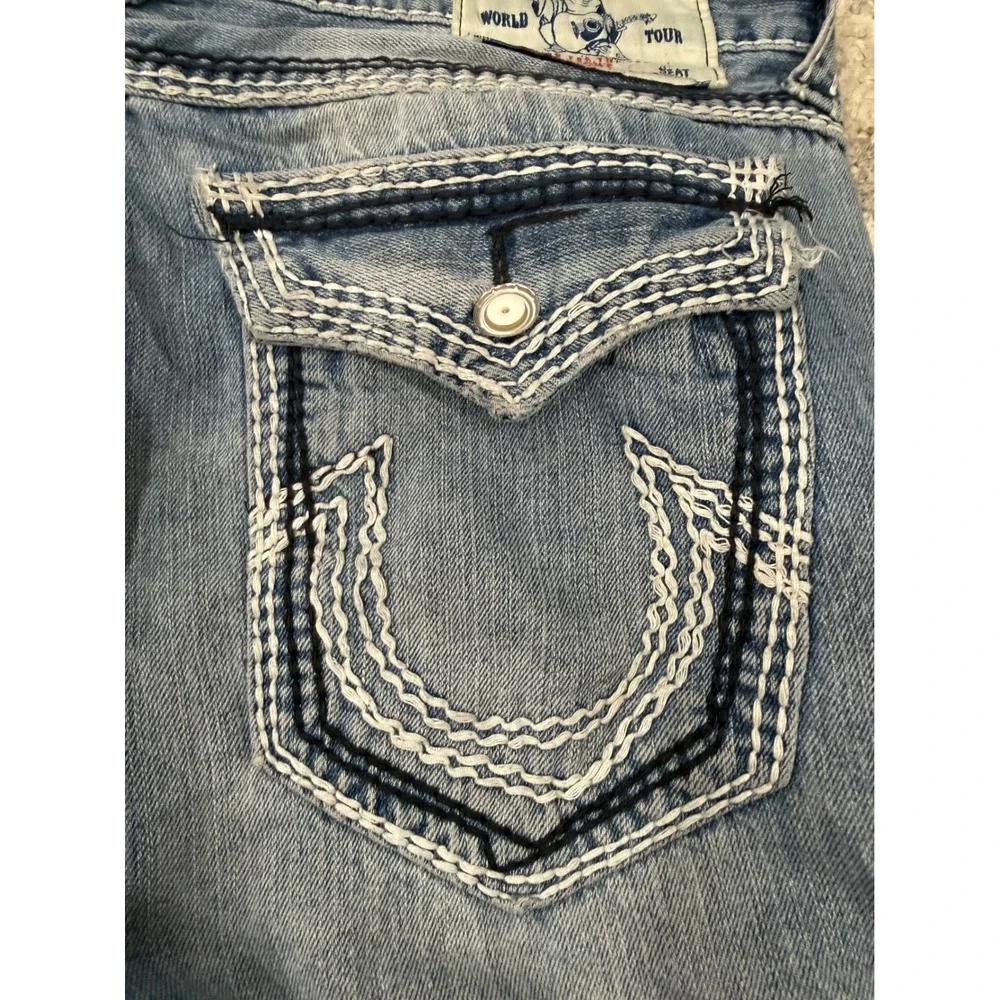 True Religion Straight Leg Jeans Mens 38 Medium‎ Wash White Contrast Stitch Y2K